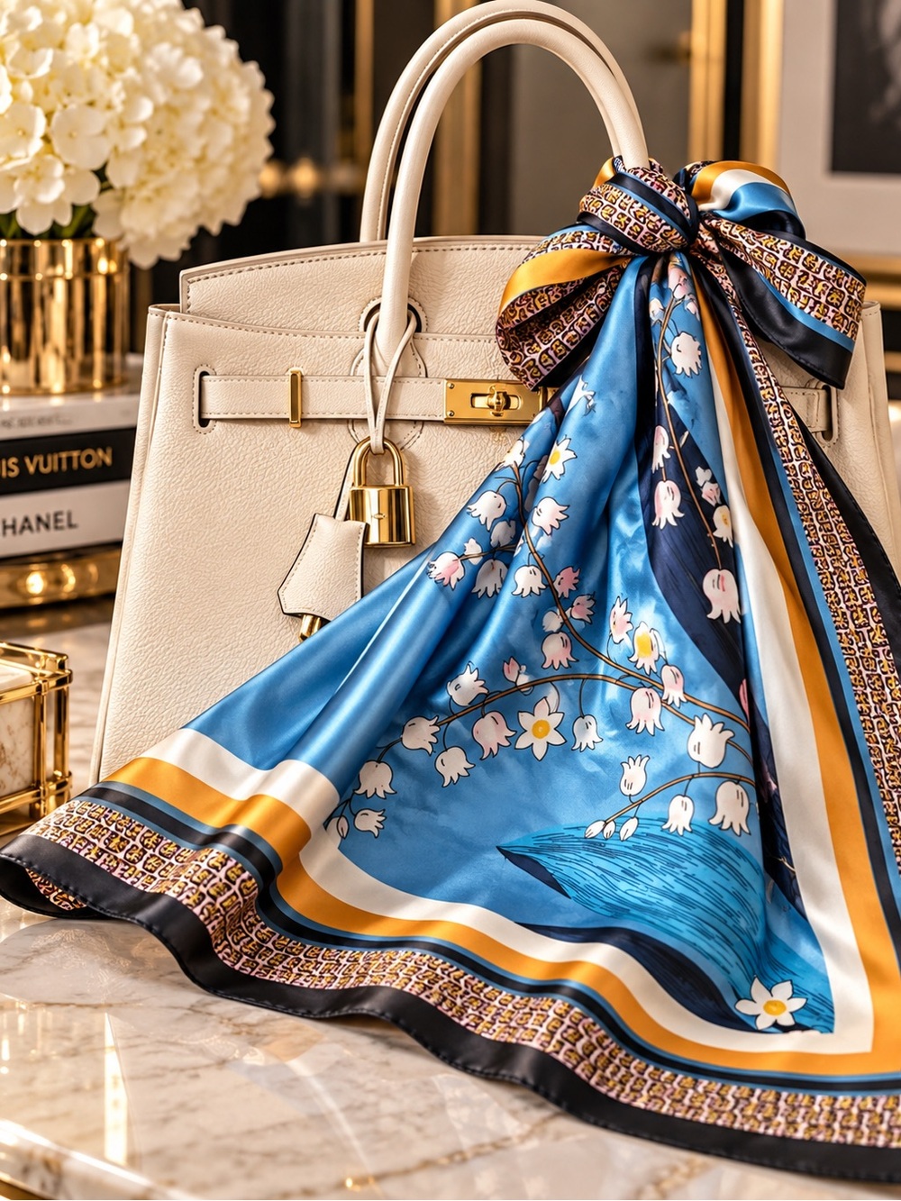 Silk Scarf Twilly in Blue and Gold - Designer-Inspired Women Accessories